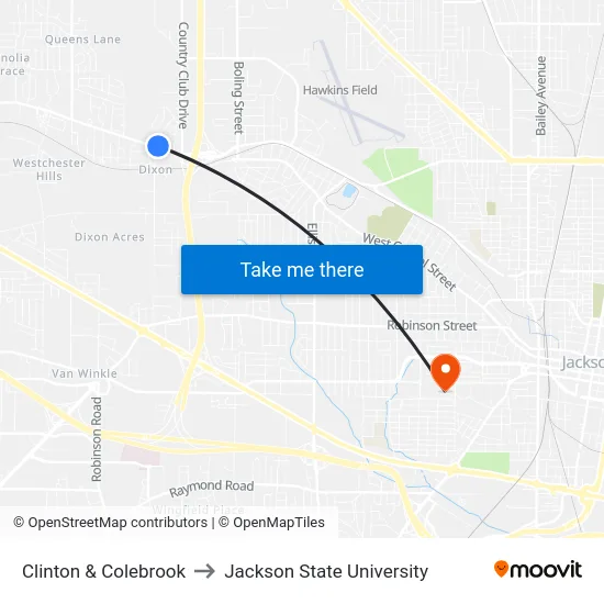 Clinton & Colebrook to Jackson State University map