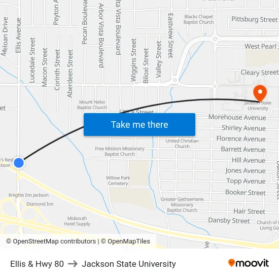 Ellis & Hwy 80 to Jackson State University map