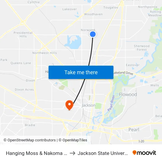 Hanging Moss & Nakoma Dr. to Jackson State University map