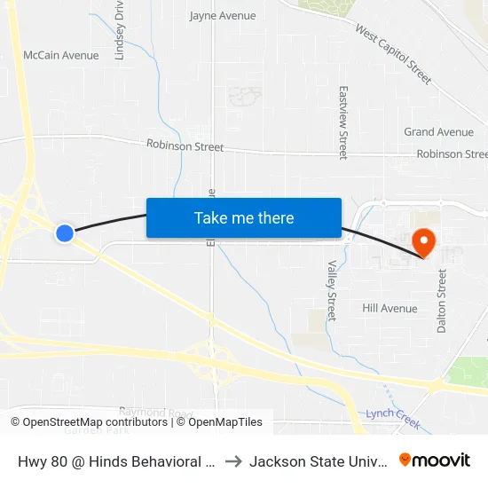 Hwy 80 @ Hinds Behavioral Health to Jackson State University map
