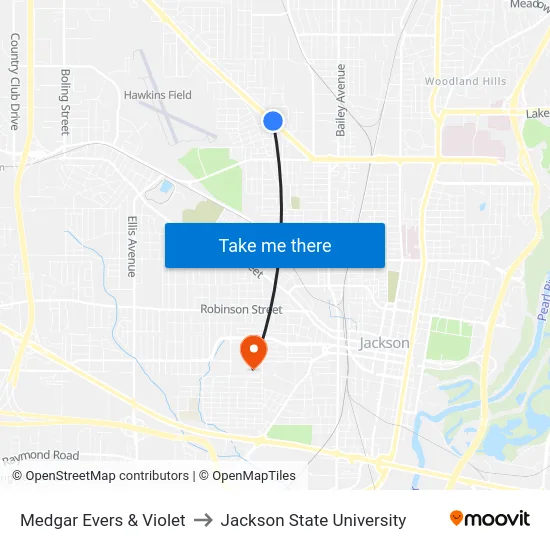 Medgar Evers & Violet to Jackson State University map