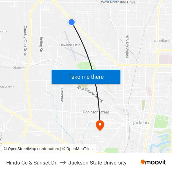 Hinds Cc & Sunset Dr. to Jackson State University map