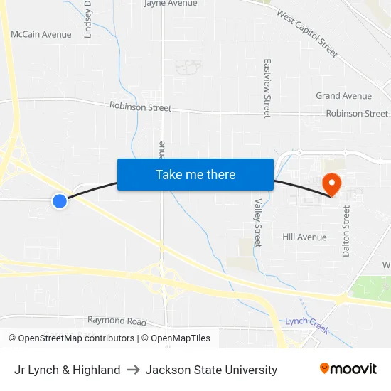 Jr Lynch & Highland to Jackson State University map