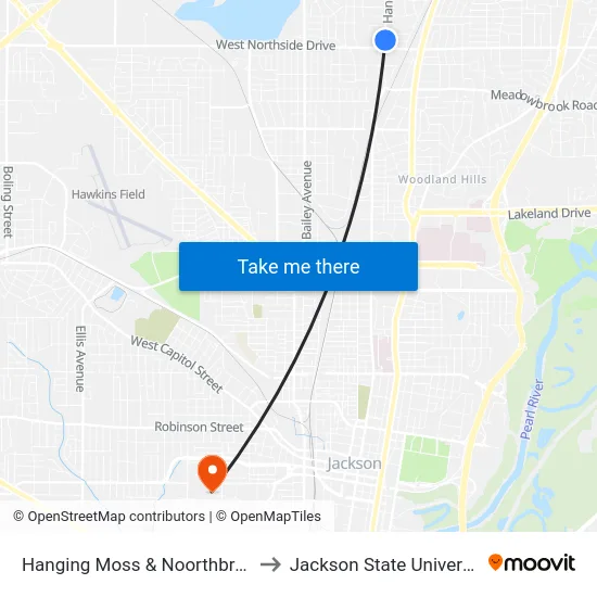 Hanging Moss & Noorthbrook to Jackson State University map