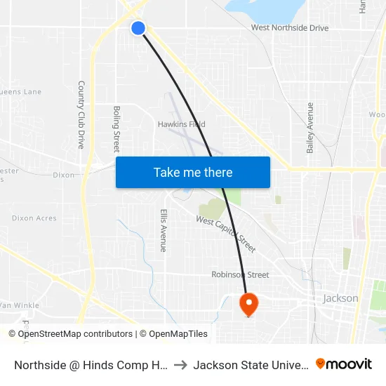 Northside @ Hinds Comp Health to Jackson State University map