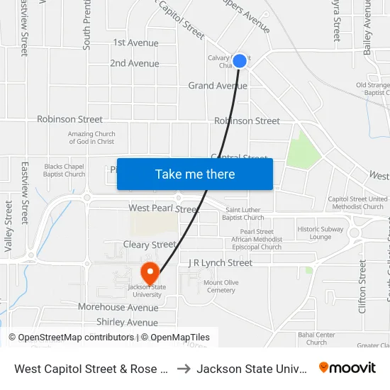 West Capitol Street & Rose Street to Jackson State University map