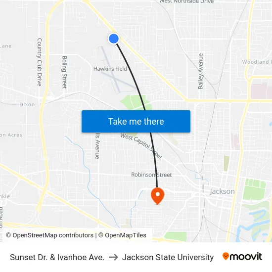 Sunset Dr. & Ivanhoe Ave. to Jackson State University map