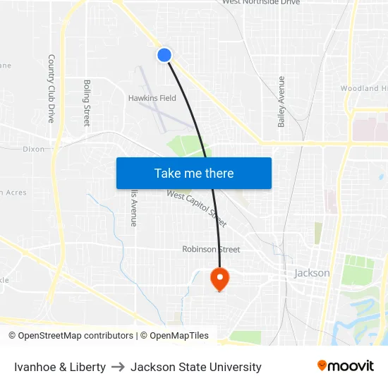 Ivanhoe & Liberty to Jackson State University map