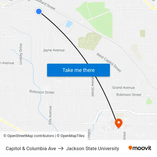 Capitol & Columbia Ave to Jackson State University map