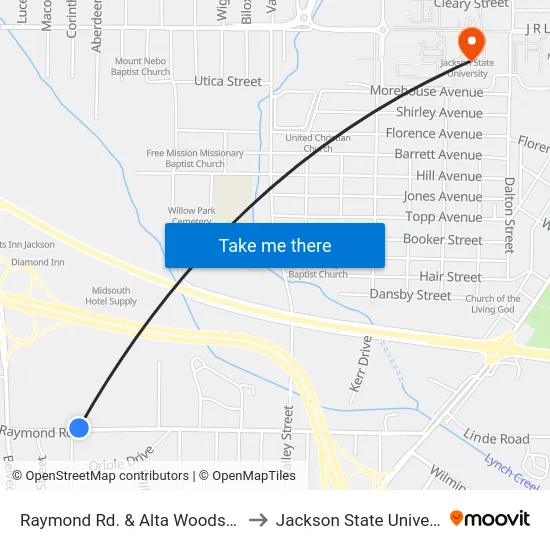 Raymond Rd. & Alta Woods Blvd. to Jackson State University map