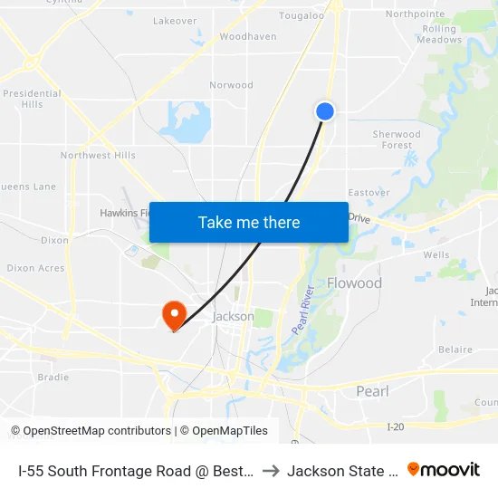 I-55 South Frontage Road @ Best Value Inn & Suites to Jackson State University map