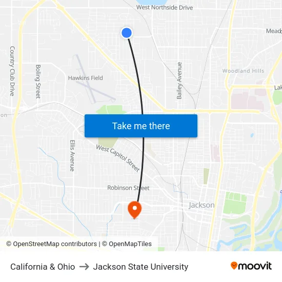 California & Ohio to Jackson State University map