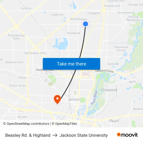Beasley Rd. & Highland to Jackson State University map