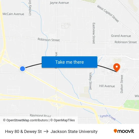 Hwy 80 & Dewey St to Jackson State University map