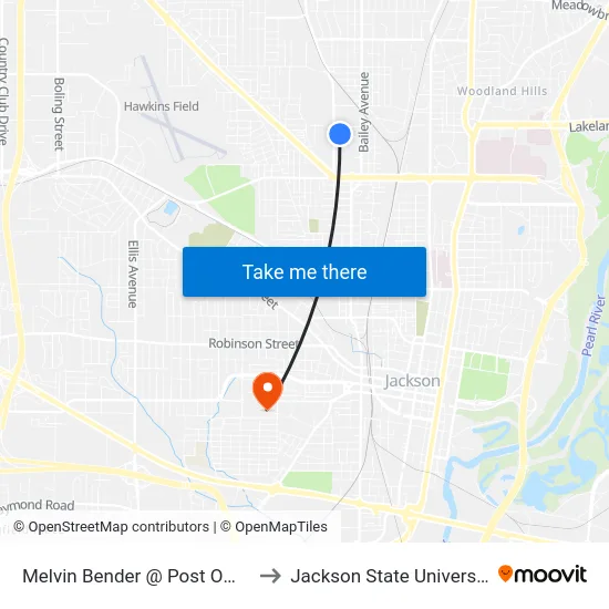 Melvin Bender @ Post Office to Jackson State University map