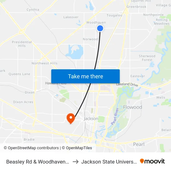Beasley Rd & Woodhaven Dr to Jackson State University map