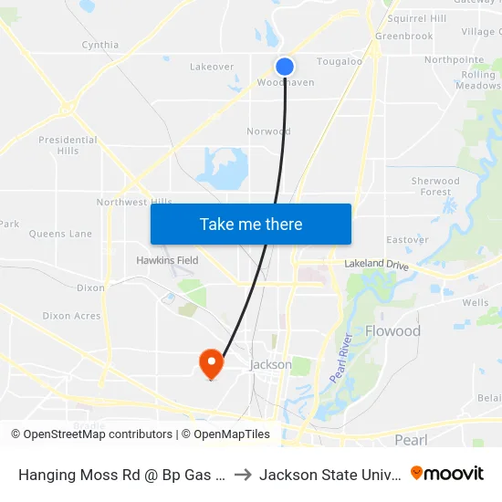 Hanging Moss Rd @ Bp Gas Station to Jackson State University map