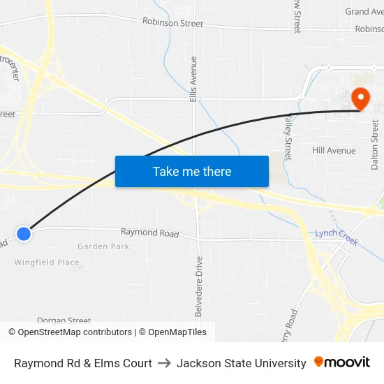 Raymond Rd & Elms Court to Jackson State University map