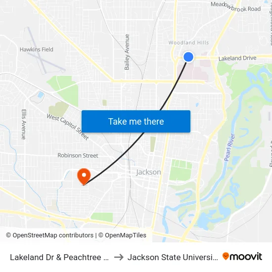 Lakeland Dr & Peachtree St to Jackson State University map