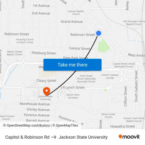 Capitol & Robinson Rd to Jackson State University map