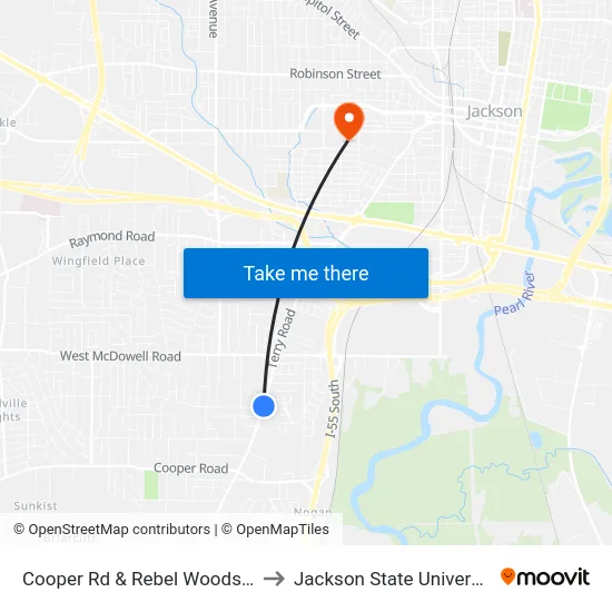Cooper Rd & Rebel Woods Dr to Jackson State University map