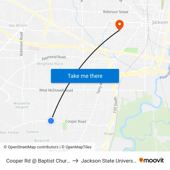 Cooper Rd @ Baptist Church to Jackson State University map