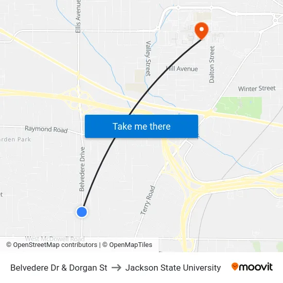 Belvedere Dr & Dorgan St to Jackson State University map
