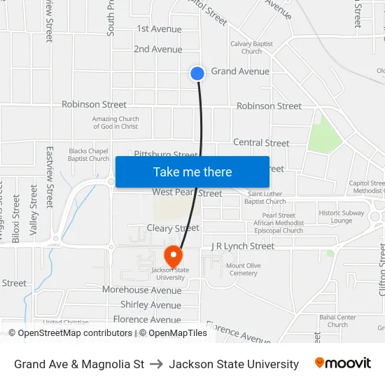 Grand Ave & Magnolia St to Jackson State University map