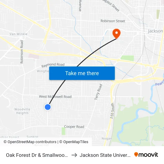 Oak Forest Dr & Smallwood St to Jackson State University map