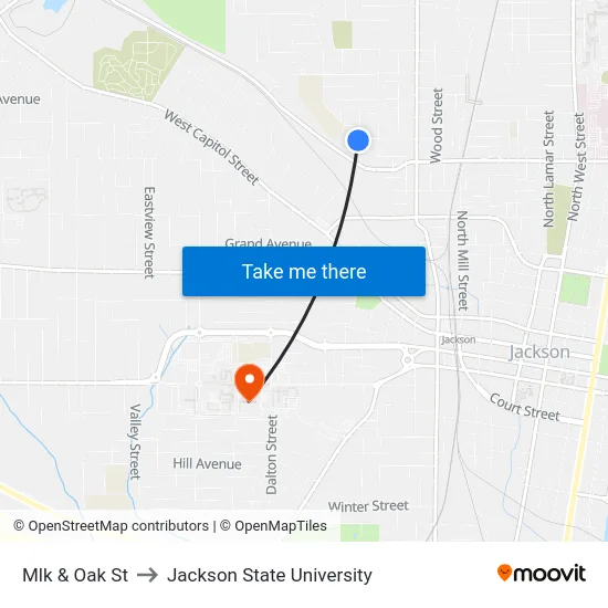 Mlk & Oak St to Jackson State University map