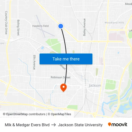 Mlk & Medgar Evers Blvd to Jackson State University map