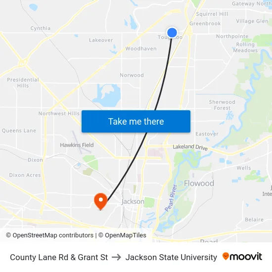 County Lane Rd & Grant St to Jackson State University map