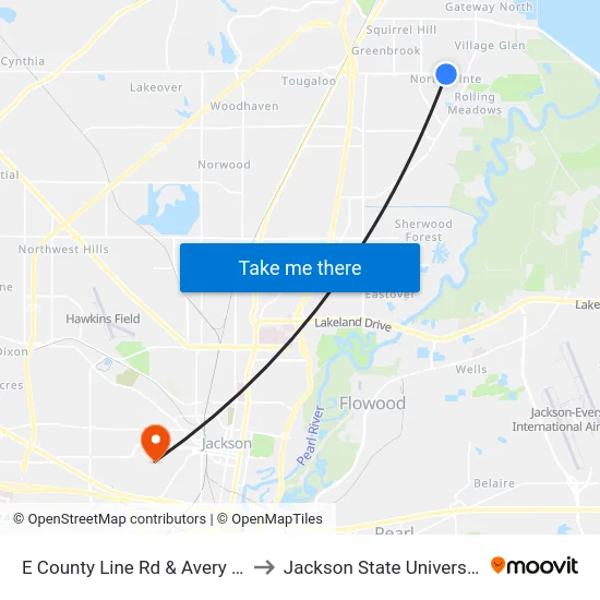 E County Line Rd & Avery Cr to Jackson State University map