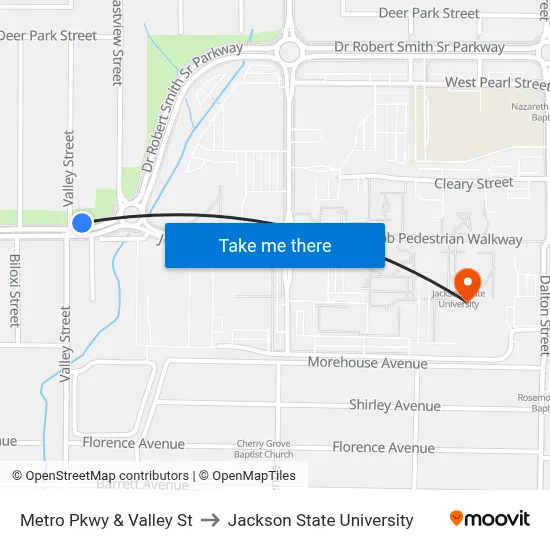 Metro Pkwy & Valley St to Jackson State University map