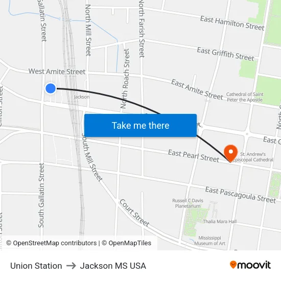Union Station to Jackson MS USA map
