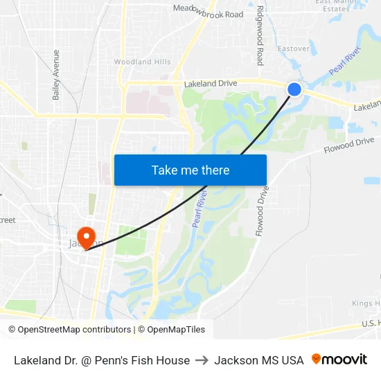 Lakeland Dr. @ Penn's Fish House to Jackson MS USA map