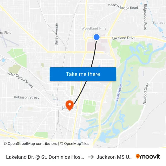 Lakeland Dr. @ St. Dominics Hospital to Jackson MS USA map
