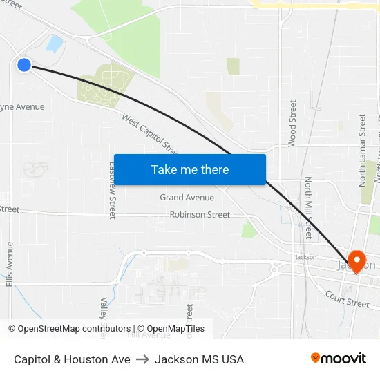Capitol & Houston Ave to Jackson MS USA map
