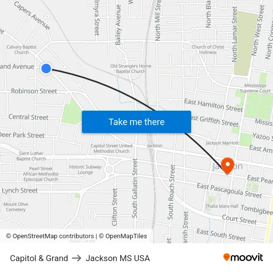 Capitol & Grand to Jackson MS USA map