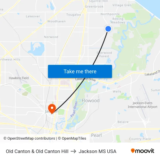 Old Canton & Old Canton Hill to Jackson MS USA map