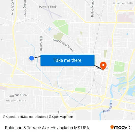 Robinson & Terrace Ave to Jackson MS USA map