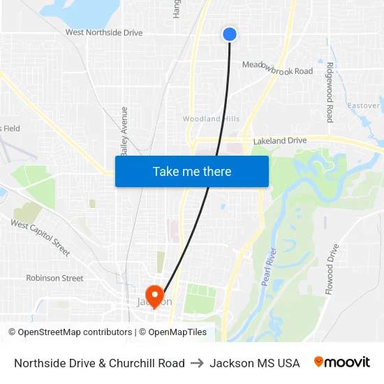 Northside Drive & Churchill Road to Jackson MS USA map