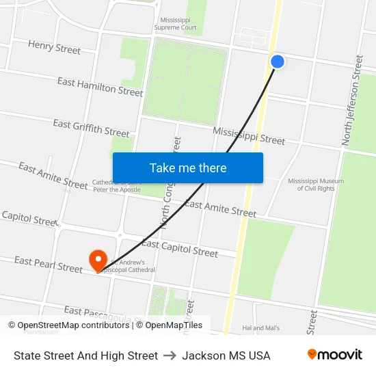 State Street And High Street to Jackson MS USA map