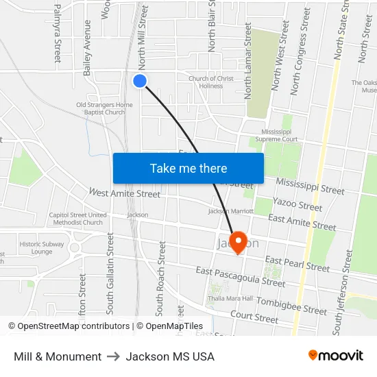 Mill & Monument to Jackson MS USA map