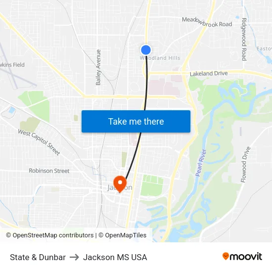 State & Dunbar to Jackson MS USA map