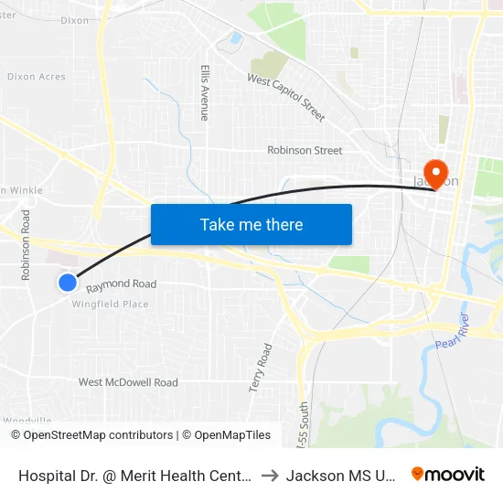 Hospital Dr. @ Merit Health Center to Jackson MS USA map