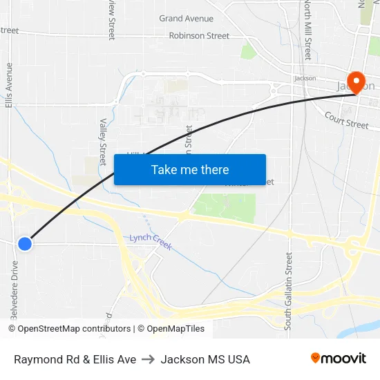 Raymond Rd & Ellis Ave to Jackson MS USA map