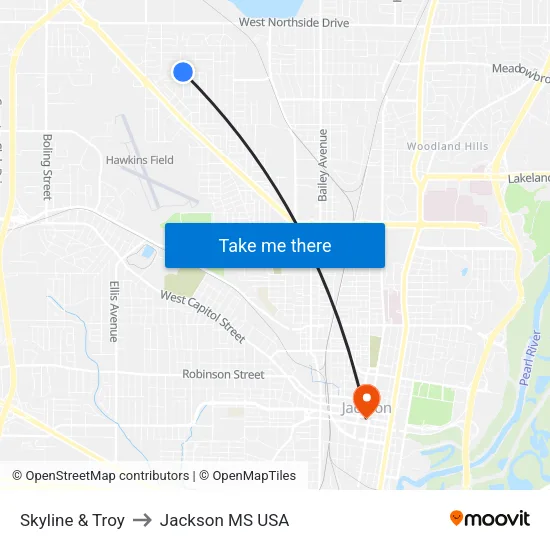 Skyline & Troy to Jackson MS USA map