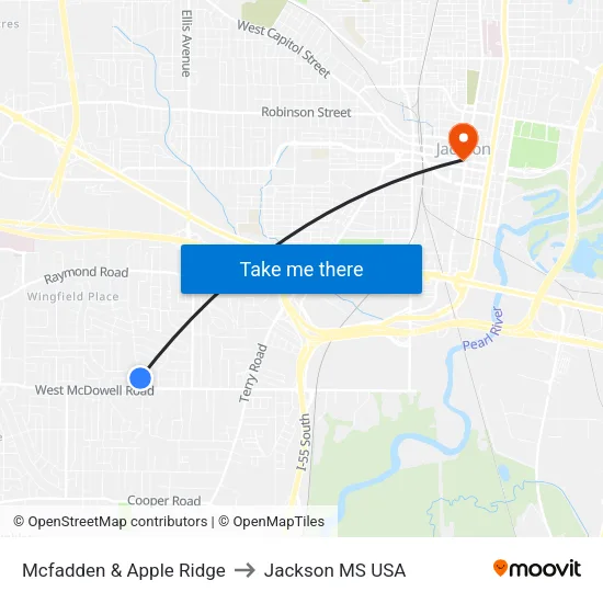 Mcfadden & Apple Ridge to Jackson MS USA map