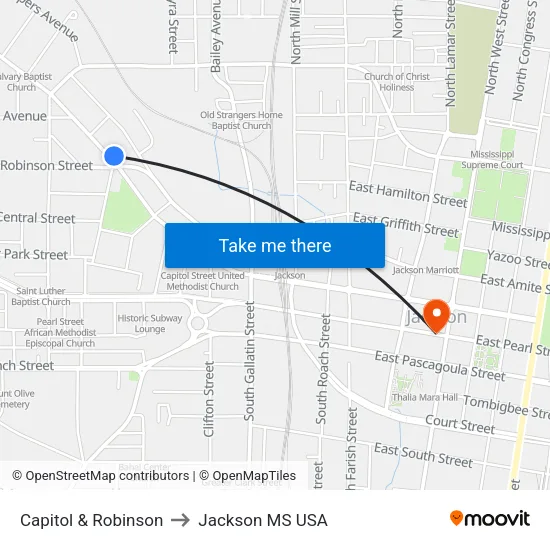 Capitol & Robinson to Jackson MS USA map